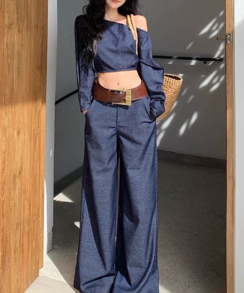 セール】デニムワンショルダートップス × スーパーワイドデニムパンツ