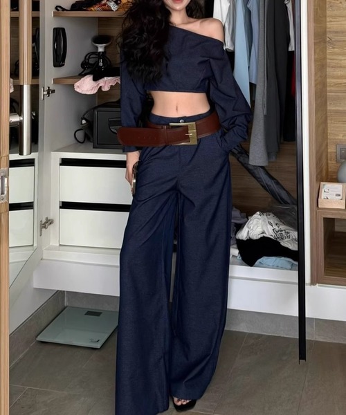 セール】デニムワンショルダートップス × スーパーワイドデニムパンツ