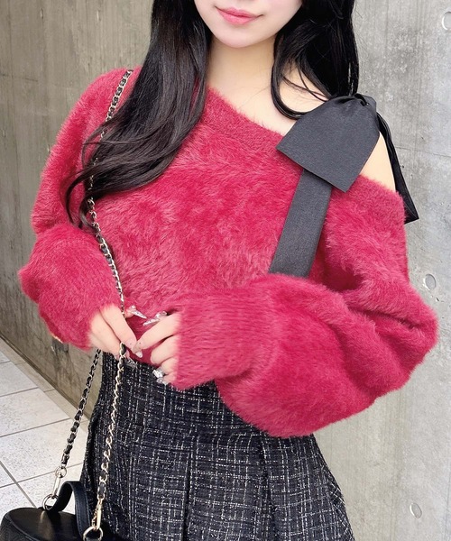 INGNI（イング）の「肩リボンワンショルフェザーニット（ニット/セーター・レディース・ピンク系6/ホワイト×ホワイト/ワイン系4/グレー系その他3/ワイン系9/ホワイト×ブラック・M）」の6枚目の写真