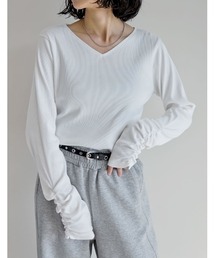 Re:EDIT（リエディ）の「[乾燥機対応][汗じみ防止][UVカット]選べるネックデザインリブカットソー袖ギャザー長袖トップス（Tシャツ/カットソー）」