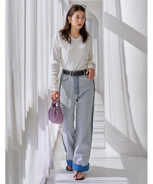 Re:EDIT（リエディ）の「[乾燥機対応][汗じみ防止][UVカット]選べるネックデザインリブカットソー袖ギャザー長袖トップス（Tシャツ/カットソー・レディース・ホワイト/ブラック/グレー/ホワイト系その他/ブラック系その他/グレー系その他/ホワイト系その他2/ブラック系その他2/グレー系その他2・MEDIUM/LARGE）」の12枚目の写真