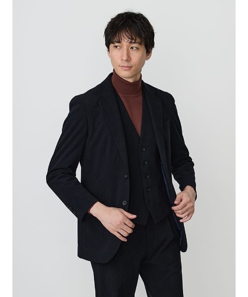 TRANS CONTINENTS（トランスコンチネンツ）の「TRANS CONTINETNS　コーデュロイセットアップ　ジャージトリコット　ジャケット　ブラック/ブルー/ネイビー（テーラードジャケット・メンズ・ブルー/ブラック/ネイビー・M/L/LL）」の2枚目の写真