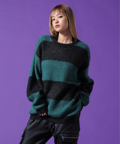 DANKE SCHON(ダンケシェーン)の「【WEB&DEPOT限定】DankeSchon/ダンケシェーン/SHAGGY BORDER CREWNECK(ニット/セーター・レディース・ホワイト/モスグリーン・L/XL/M)」の2枚目の写真