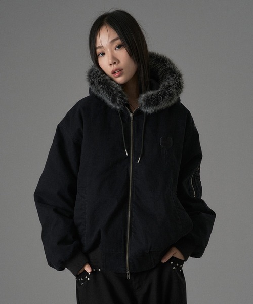 D&G ファーブルゾン黒 HEART LOGO DUCK FAUX-FUR BLOUSON / ハートロゴダックフェイクファー