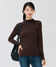 女性フリルハーフネック起毛Tシャツ-ブラウン