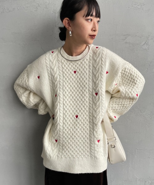Noir Fabrik ハート刺繍ケーブルニットプルオーバー NOIR FABRIK/ヌワールファブリック] ハート刺繍 ケーブルニットプル