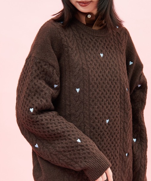 Noir Fabrik ハート刺繍ケーブルニットプルオーバー NOIR FABRIK/ヌワールファブリック] ハート刺繍 ケーブルニットプル