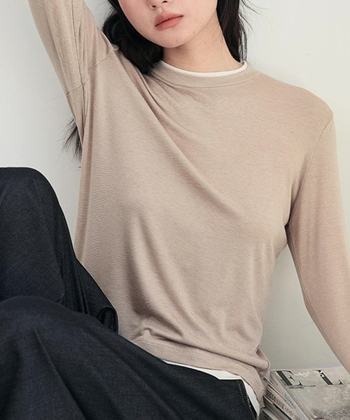 Lace Ladies(レースレディース)の「クルーネック 配色 フェイクレイヤード 長袖 プルオーバー(Tシャツ/カットソー・レディース・ホワイト/ブラウン/ブラック/ブルー/ベージュ/ダークグレー/マスタード/グリーン・FREE)」の6枚目の写真
