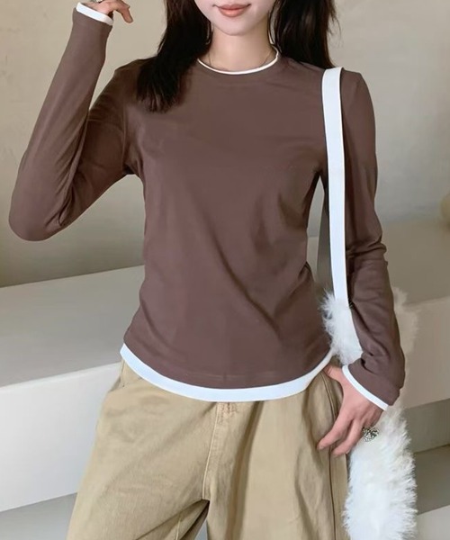 Lace Ladies(レースレディース)の「クルーネック 配色 フェイクレイヤード 長袖 プルオーバー(Tシャツ/カットソー・レディース・ホワイト/ブラウン/ブラック/ブルー/ベージュ/ダークグレー/マスタード/グリーン・FREE)」の5枚目の写真