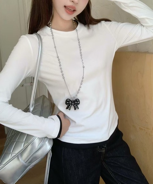 Lace Ladies(レースレディース)の「クルーネック 配色 フェイクレイヤード 長袖 プルオーバー(Tシャツ/カットソー・レディース・ホワイト/ブラウン/ブラック/ブルー/ベージュ/ダークグレー/マスタード/グリーン・FREE)」の2枚目の写真