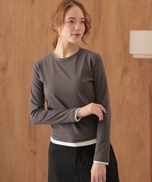 Lace Ladies(レースレディース)の「クルーネック 配色 フェイクレイヤード 長袖 プルオーバー(Tシャツ/カットソー・レディース・ホワイト/ブラウン/ブラック/ブルー/ベージュ/ダークグレー/マスタード/グリーン・FREE)」の4枚目の写真