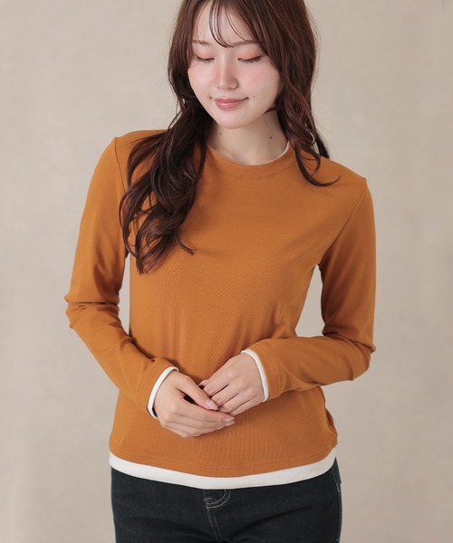 Lace Ladies(レースレディース)の「クルーネック 配色 フェイクレイヤード 長袖 プルオーバー(Tシャツ/カットソー・レディース・ホワイト/ブラウン/ブラック/ブルー/ベージュ/ダークグレー/マスタード/グリーン・FREE)」の1枚目の写真