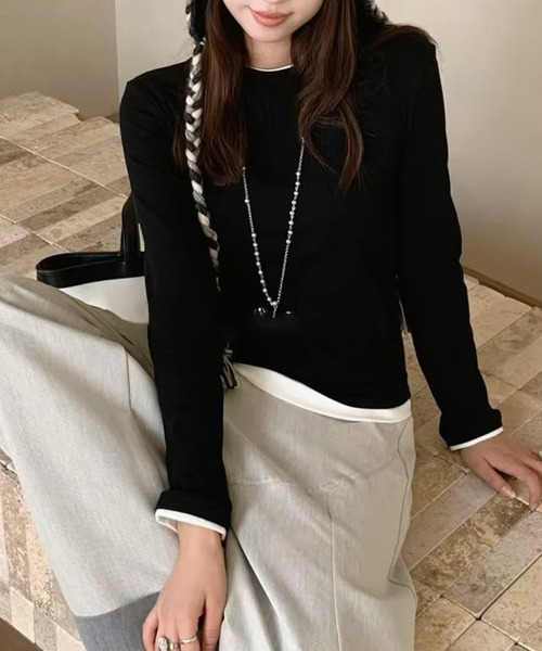 Lace Ladies(レースレディース)の「クルーネック 配色 フェイクレイヤード 長袖 プルオーバー(Tシャツ/カットソー・レディース・ホワイト/ブラウン/ブラック/ブルー/ベージュ/ダークグレー/マスタード/グリーン・FREE)」の3枚目の写真