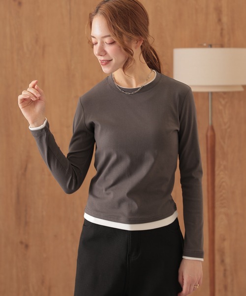 Lace Ladies(レースレディース)の「クルーネック 配色 フェイクレイヤード 長袖 プルオーバー(Tシャツ/カットソー・レディース・ホワイト/ブラウン/ブラック/ブルー/ベージュ/ダークグレー/マスタード/グリーン・FREE)」の13枚目の写真