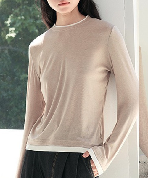 Lace Ladies(レースレディース)の「クルーネック 配色 フェイクレイヤード 長袖 プルオーバー(Tシャツ/カットソー・レディース・ホワイト/ブラウン/ブラック/ブルー/ベージュ/ダークグレー/マスタード/グリーン・FREE)」の20枚目の写真
