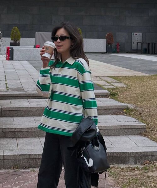 VANONE ATELIER(バノンアトリエ)の「A3509 マルチストライプカラーTシャツ_Green(ポロシャツ・レディース・グリーン・FREE)」の3枚目の写真