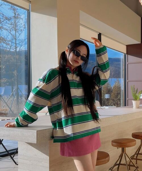 VANONE ATELIER(バノンアトリエ)の「A3509 マルチストライプカラーTシャツ_Green(ポロシャツ・レディース・グリーン・FREE)」の4枚目の写真