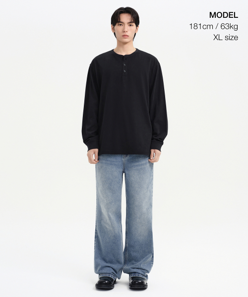MUSINSA STANDARD（ムシンサスタンダード）の「リップカフスヘンリーネック長袖Tシャツ[ブラック]（Tシャツ/カットソー・メンズ・その他・SMALL/MEDIUM/LARGE/X-LARGE/XX-LARGE）」の2枚目の写真