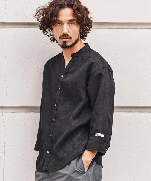 felkod(フィルコッド)の「ms6345-Linen Like Fabric Band Collar Shirts バンドカラー七分袖シャツ(F26S160)(シャツ/ブラウス・メンズ・ホワイト/ブラック・S/M/L)」の1枚目の写真