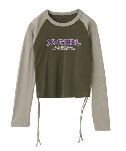 X-girl(エックスガール)の「ORNAMENT HEART SLEEVE RAGLAN L/S BABY TEE(Tシャツ/カットソー・レディース・ブラウン/ブラック/オリーブ・S/M)」の1枚目の写真