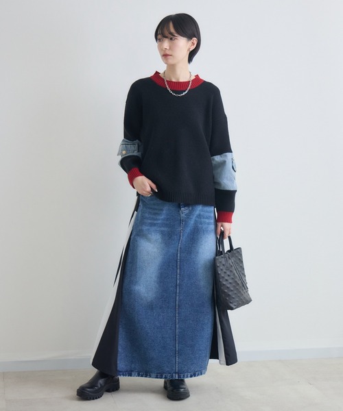 Paradise Picnic（パラダイスピクニック）の「デニム異素材切替ロングスカート（スカート・レディース・カーキ/ブラック・FREE）」の5枚目の写真