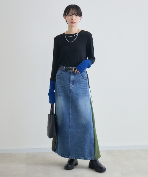 Paradise Picnic（パラダイスピクニック）の「デニム異素材切替ロングスカート（スカート・レディース・カーキ/ブラック・FREE）」の11枚目の写真