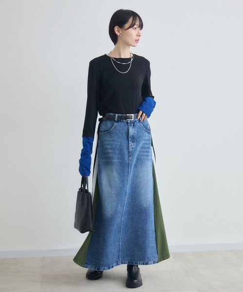 Paradise Picnic（パラダイスピクニック）の「デニム異素材切替ロングスカート（スカート・レディース・カーキ/ブラック・FREE）」の12枚目の写真