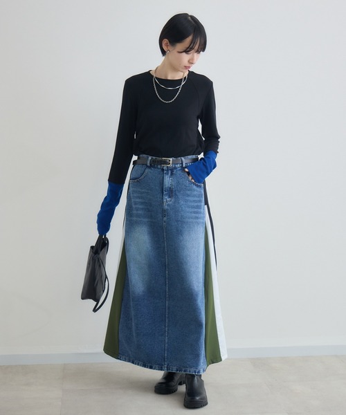 Paradise Picnic（パラダイスピクニック）の「デニム異素材切替ロングスカート（スカート・レディース・カーキ/ブラック・FREE）」の13枚目の写真
