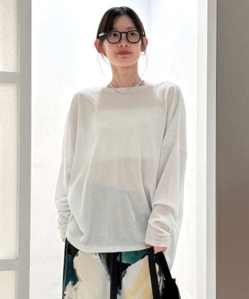 MIESROHE(ミースロエ)の「【洗える】シアーワッフルカットロンT(Tシャツ/カットソー・レディース・ダークネイビー/ホワイト/ミント/ライム・F)」の4枚目の写真