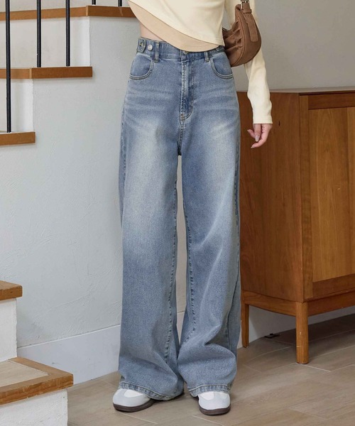 CHAN ME(チャンミ)の「【選べる2丈】ウエストボタンデニムワイドパンツ(デニムパンツ・レディース・ブラック系その他/ブルー/ブラック/ライトブルー/サックスブルー/インディゴブルー/ブルー系その他・X-SMALL/SMALL/MEDIUM/LARGE/X-LARGE/SS/SP/MP/LLP/LP)」の1枚目の写真