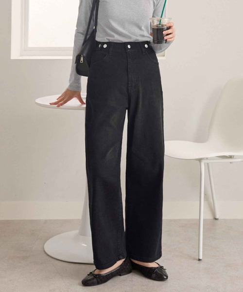 CHAN ME(チャンミ)の「【選べる2丈】ウエストボタンデニムワイドパンツ(デニムパンツ・レディース・ブラック系その他/ブルー/ブラック/ライトブルー/サックスブルー/インディゴブルー/ブルー系その他・X-SMALL/SMALL/MEDIUM/LARGE/X-LARGE/SS/SP/MP/LLP/LP)」の2枚目の写真