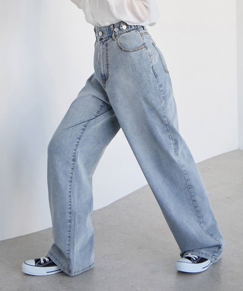 CHAN ME（チャンミ）の「【選べる2丈】ウエストボタンデニムワイドパンツ（デニムパンツ・レディース・ブラック系その他/ブルー/ブラック/ライトブルー/サックスブルー/インディゴブルー/ブルー系その他・X-SMALL/SMALL/MEDIUM/LARGE/X-LARGE/SS/SP/MP/LLP/LP）」の16枚目の写真