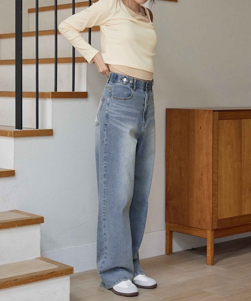 CHAN ME(チャンミ)の「【選べる2丈】ウエストボタンデニムワイドパンツ(デニムパンツ・レディース・ブラック系その他/ブルー/ブラック/ライトブルー/サックスブルー/インディゴブルー/ブルー系その他・X-SMALL/SMALL/MEDIUM/LARGE/X-LARGE/SS/SP/MP/LLP/LP)」の17枚目の写真