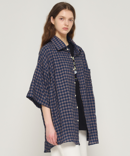 CARGOBROS FOR WOMAN(カーゴブロスフォーウィメン)の「アメリカンチェックオーバーサイズ半袖シャツ(ネイビー)(シャツ/ブラウス・レディース・その他・FREE)」の5枚目の写真