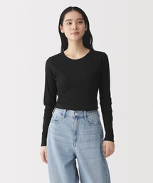 婦人 なめらかリブ編みクルーネック長袖Tシャツ