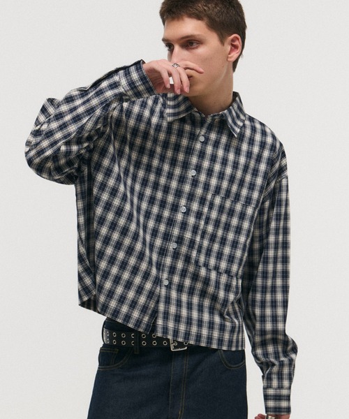ILL'S(イルズ)の「SHORT-BODY LONG-SLEEVED CHECKED SHIRT / ショート丈長袖チェックシャツ ボックスシルエット オンブレチェック メンズ レディース ユニセックス(シャツ/ブラウス・メンズ・ブラック/レッド/イエロー/ネイビー・M/L)」の3枚目の写真