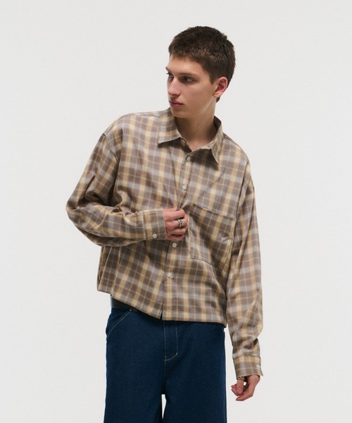 ILL'S(イルズ)の「SHORT-BODY LONG-SLEEVED CHECKED SHIRT / ショート丈長袖チェックシャツ ボックスシルエット オンブレチェック メンズ レディース ユニセックス(シャツ/ブラウス・メンズ・ブラック/レッド/イエロー/ネイビー・M/L)」の16枚目の写真