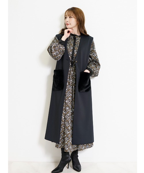 CHhdmn(シーエイチヒデモン)の「バロック柄ロングワンピース レディース バイカラー ウエストギャザー フレアワンピース(ワンピース・レディース・ネイビー/ブラック・M)」の3枚目の写真