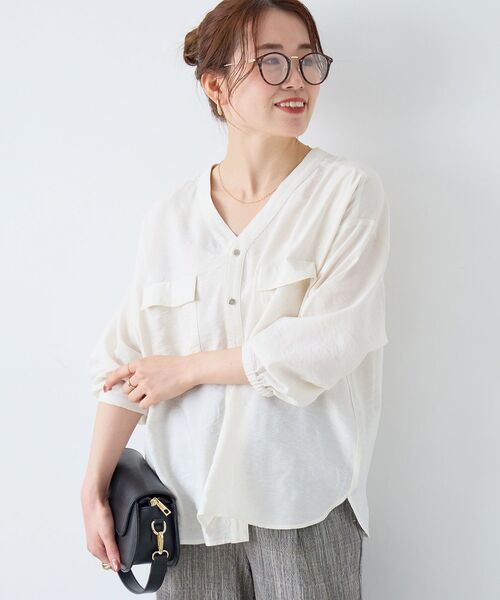 le.coeur blanc（ルクールブラン）の「ヴィンテージライクノーカラーブラウス（シャツ/ブラウス・レディース・オフホワイト/ライトブルー/チャコールグレー・38）」の19枚目の写真
