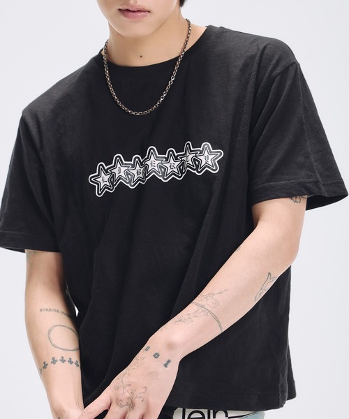 グラフィックプリント半袖スラブTシャツ ボーダー（Tシャツ/カットソー