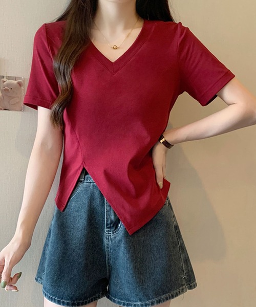 2ly2（トゥーリートゥー）の「アシンメトリーヘムVネックTシャツ（Tシャツ/カットソー・レディース・ブラック/イエロー/ベージュ/ボルドー・FREE）」の11枚目の写真