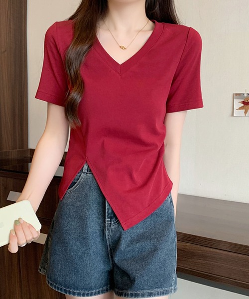 2ly2（トゥーリートゥー）の「アシンメトリーヘムVネックTシャツ（Tシャツ/カットソー・レディース・ブラック/イエロー/ベージュ/ボルドー・FREE）」の7枚目の写真