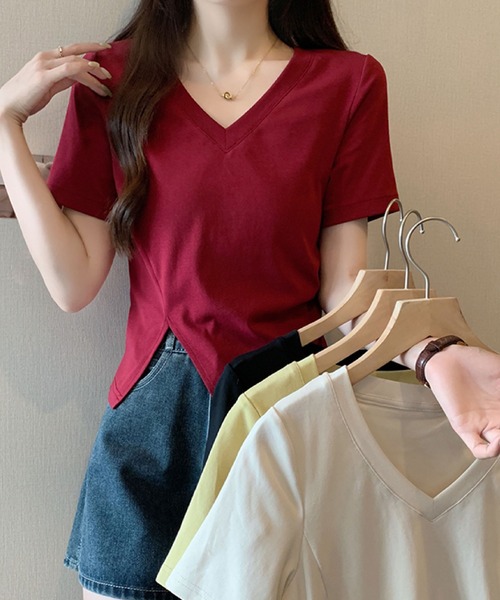 2ly2（トゥーリートゥー）の「アシンメトリーヘムVネックTシャツ（Tシャツ/カットソー・レディース・ブラック/イエロー/ベージュ/ボルドー・FREE）」の5枚目の写真