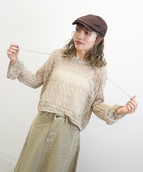 gossara（ゴサラ）の「【注目アイテム】フード付き透かし柄ニットPO（ニット/セーター・レディース・ブラウン/ベージュ/オフホワイト・FREE）」の13枚目の写真