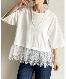 半袖 裾レースドッキングTシャツ チュール レイヤードインナー トップス