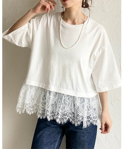 She's Closet(シーズクローゼット)の「半袖 裾レースドッキングTシャツ チュール レイヤードインナー トップス(Tシャツ/カットソー・レディース・ブラック/ホワイト/イエロー・FREE)」の1枚目の写真