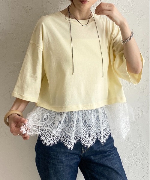 She's Closet(シーズクローゼット)の「半袖 裾レースドッキングTシャツ チュール レイヤードインナー トップス(Tシャツ/カットソー・レディース・ブラック/ホワイト/イエロー・FREE)」の3枚目の写真