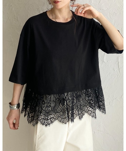 She's Closet(シーズクローゼット)の「半袖 裾レースドッキングTシャツ チュール レイヤードインナー トップス(Tシャツ/カットソー・レディース・ブラック/ホワイト/イエロー・FREE)」の2枚目の写真