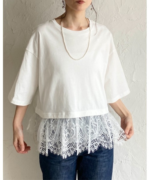 She's Closet(シーズクローゼット)の「半袖 裾レースドッキングTシャツ チュール レイヤードインナー トップス(Tシャツ/カットソー・レディース・ブラック/ホワイト/イエロー・FREE)」の4枚目の写真