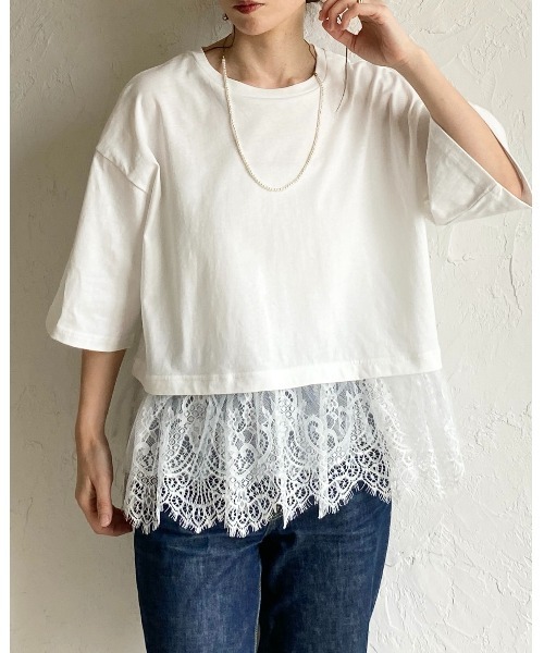 She's Closet(シーズクローゼット)の「半袖 裾レースドッキングTシャツ チュール レイヤードインナー トップス(Tシャツ/カットソー・レディース・ブラック/ホワイト/イエロー・FREE)」の5枚目の写真